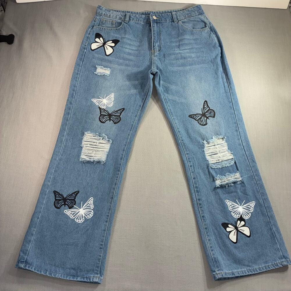 Butterfly Distressed Wide Leg Jeans Women's 34x31 Blue High Rise 2XL